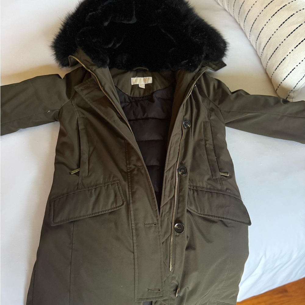 EUC! Michael Kors Olive Puffer Coat with Black Faux Fur Hood